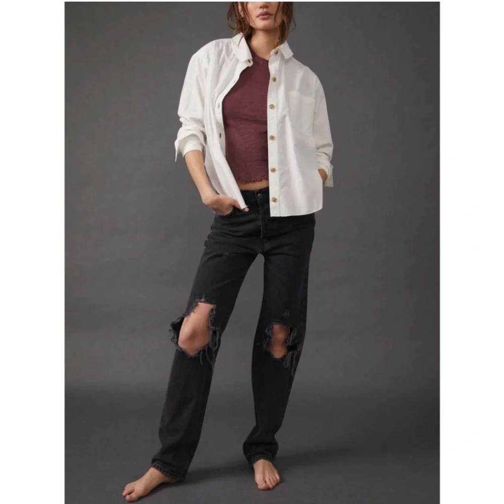 Free People Black High-Rise Distressed Jeans (Lasso)
